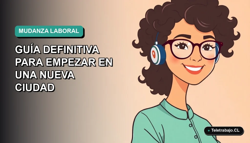 Ilustración plana corporativa de mujer profesional trabajando remoto junto a un mapa, guía para mudanza de trabajo