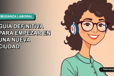 Ilustración plana corporativa de mujer profesional trabajando remoto junto a un mapa, guía para mudanza de trabajo