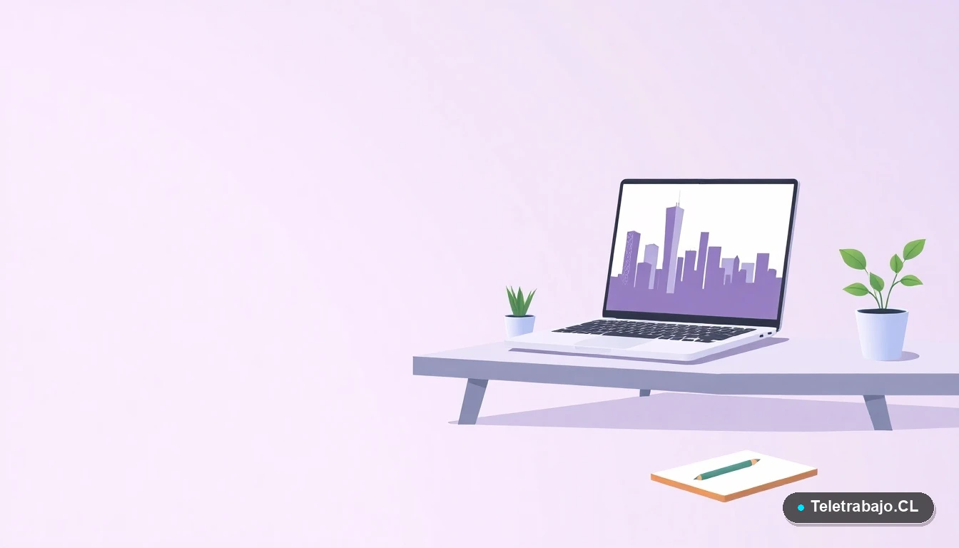 Escritorio moderno minimalista con laptop y planta, concepto de espacio de trabajo listo para comenzar en una nueva ciudad