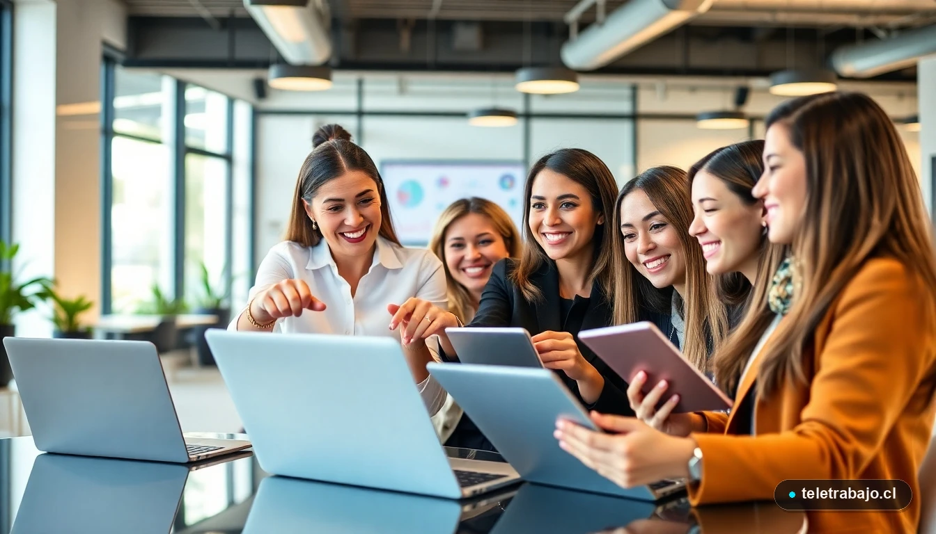 Mujeres profesionales chilenas colaborando en un espacio de trabajo moderno, desarrollando habilidades digitales con laptops
