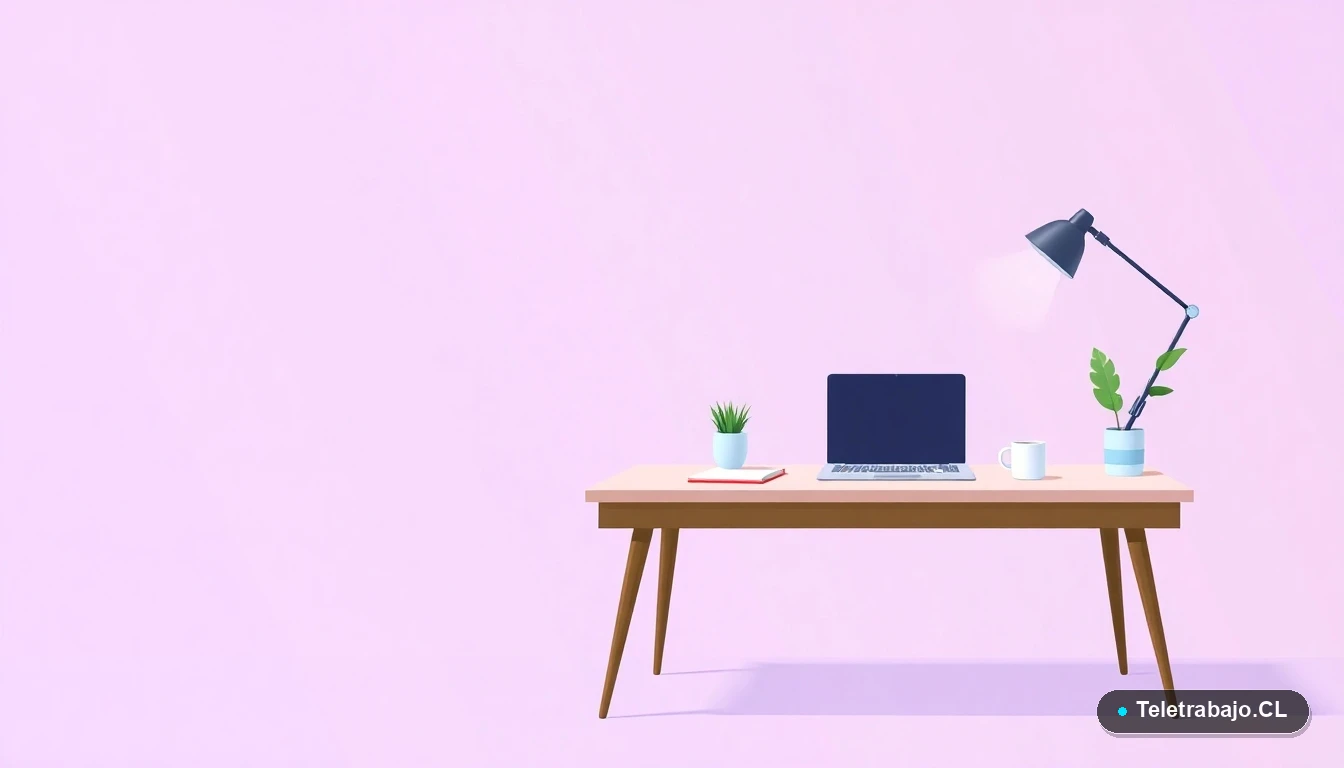 Escritorio moderno y minimalista para trabajo remoto, con laptop, cuaderno y una planta, ilustrado en estilo vectorial plano.