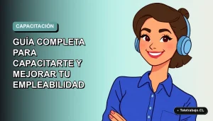Ilustración plana de mujer profesional chilena sonriente, con blusa azul y peinado moderno, sobre fondo degradado suave teal, representando capacitación digital SENCE 2026.