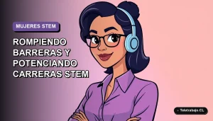 Ilustración vectorial plana de una mujer chilena profesional en STEM, con expresión positiva, sobre un fondo degradado violeta y azul.