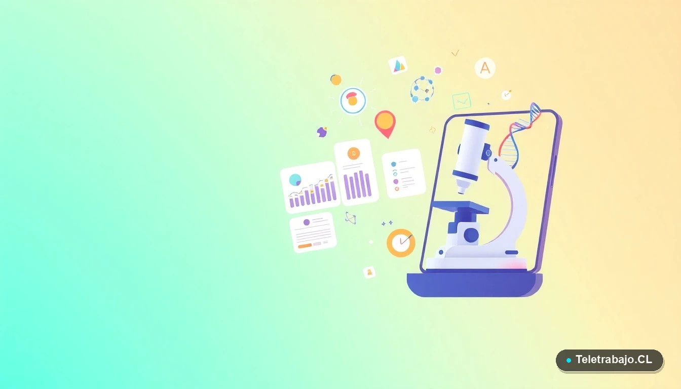 Composición abstracta de elementos tecnológicos y científicos, como gráficos y estructuras moleculares, en estilo vectorial plano sobre fondo degradado.