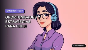 Ilustración vectorial plana de una mujer profesional chilena en tecnología, con fondo degradado lavanda y espacio negativo, estilo Corporate Memphis.