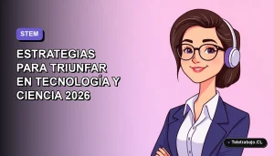 Ilustración vectorial plana de una mujer chilena profesional en tecnología, sonriendo, con fondo degradado lila y azul. Espacio negativo a la izquierda.