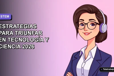 Ilustración vectorial plana de una mujer chilena profesional en tecnología, sonriendo, con fondo degradado lila y azul. Espacio negativo a la izquierda.