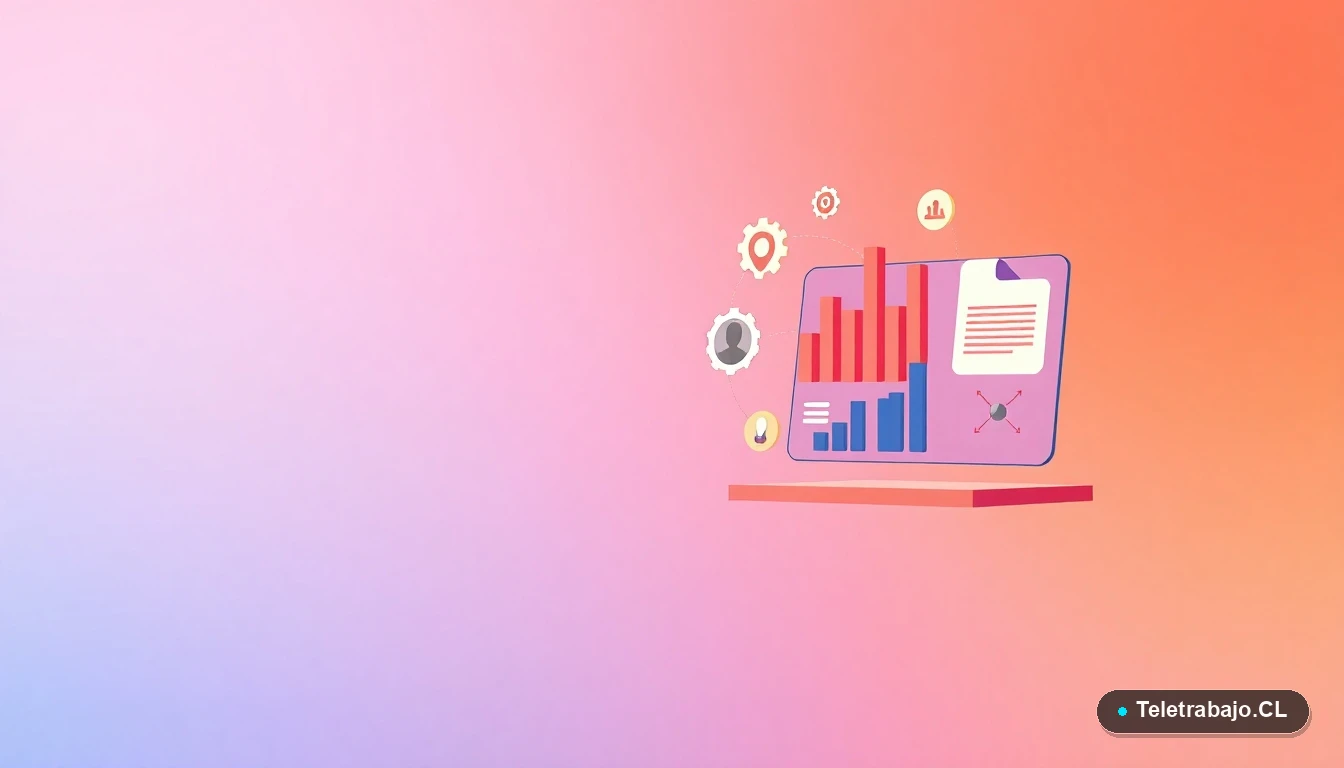 Elementos abstractos de interfaz de usuario tecnológica flotantes: gráficos, engranajes y carpetas, con fondo degradado melocotón y gris. Ilustración vectorial minimalista.