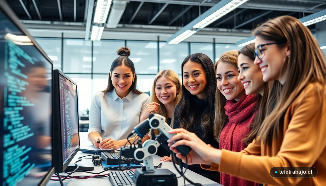 Mujeres chilenas colaborando en un proyecto de tecnología y robótica en un laboratorio moderno en Santiago