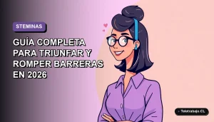 Ilustración vectorial plana de una mujer chilena profesional en STEM, sonriendo, con blusa moderna, sobre fondo degradado violeta y azul. Espacio negativo a la izquierda.