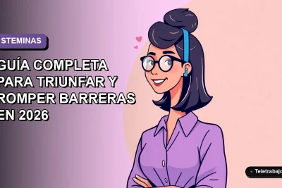 Ilustración vectorial plana de una mujer chilena profesional en STEM, sonriendo, con blusa moderna, sobre fondo degradado violeta y azul. Espacio negativo a la izquierda.