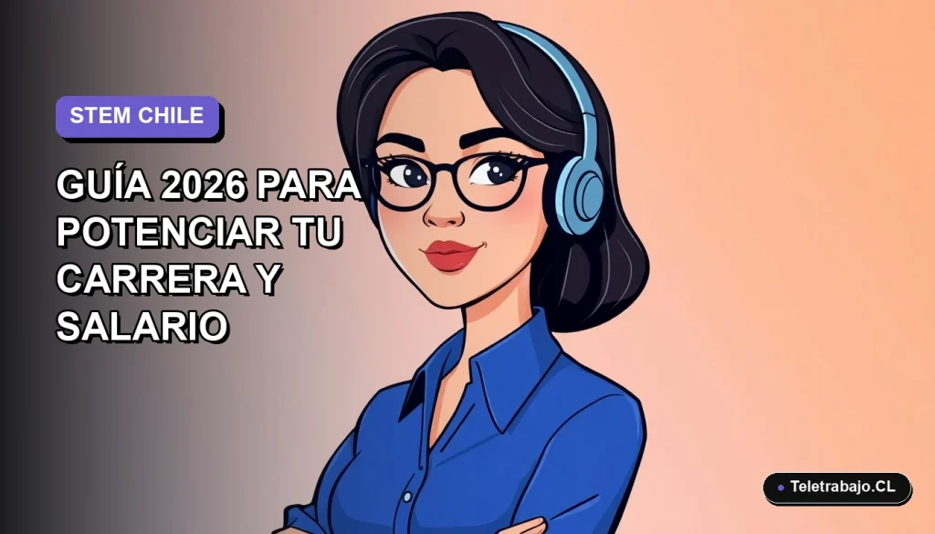 Ilustración vectorial plana de una mujer profesional chilena en STEM, con blusa azul, mirando con confianza hacia la izquierda, sobre fondo degradado lavanda y gris.