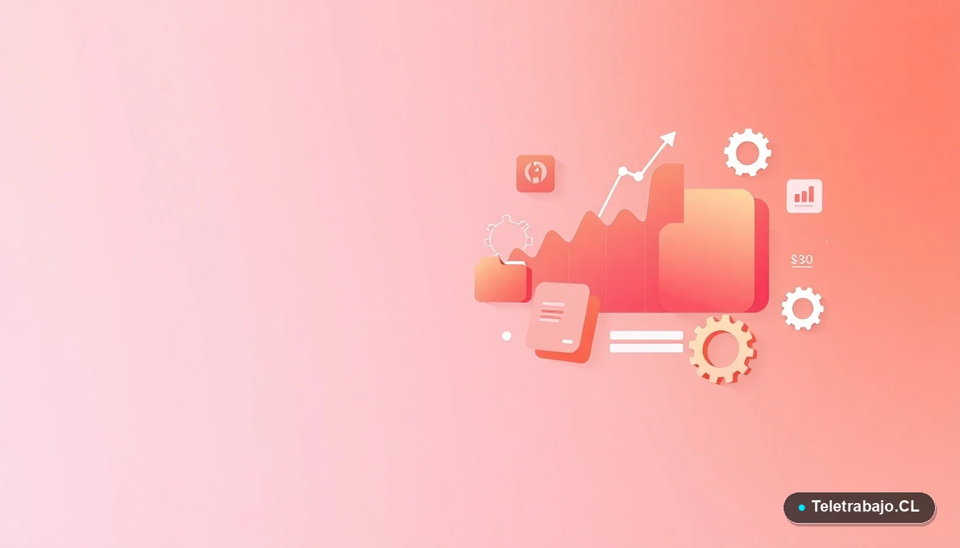 Composición abstracta de interfaz tecnológica con gráficos, engranajes y carpetas flotantes en tonos vibrantes, sobre fondo degradado azul y durazno.