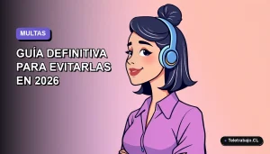 Ilustración vectorial plana de una mujer profesional autónoma en Chile, con expresión de alivio, sobre fondo degradado lavanda. Concepto de evitar multas tributarias.