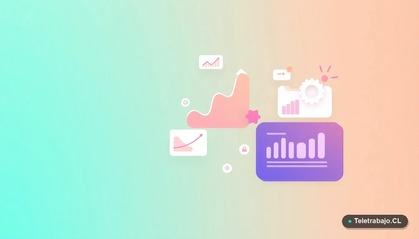 Composición abstracta de interfaz de usuario con gráficos, engranajes y carpetas flotantes en estilo vectorial plano, sobre fondo degradado azul verdoso. Representa la gestión y organización financiera para autónomos.