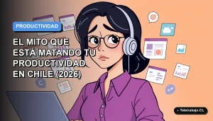 Ilustración plana corporativa de mujer profesional chilena con expresión de estrés frente a múltiples pantallas flotantes, fondo degradado azul y gris.