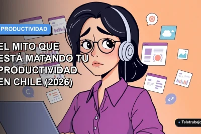 Ilustración plana corporativa de mujer profesional chilena con expresión de estrés frente a múltiples pantallas flotantes, fondo degradado azul y gris.