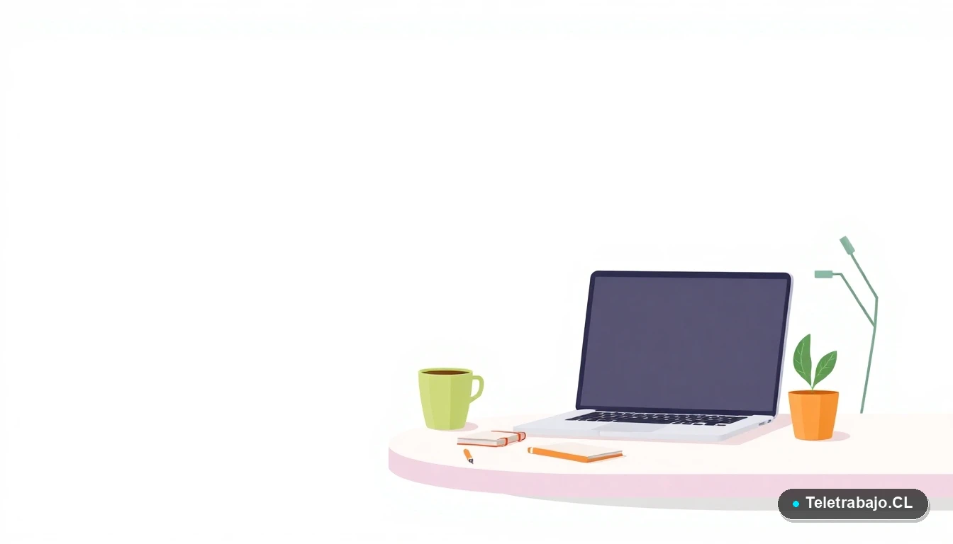 Escritorio moderno minimalista y ordenado con laptop, cuaderno y taza de café, ilustración plana sobre fondo degradado verde menta, concepto de trabajo enfocado.