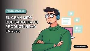 Ilustración vectorial plana de un trabajador remoto masculino con suéter verde, expresando frustración frente a múltiples pantallas flotantes, sobre un fondo degradado suave en tonos teal y blanco.