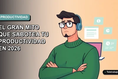 Ilustración vectorial plana de un trabajador remoto masculino con suéter verde, expresando frustración frente a múltiples pantallas flotantes, sobre un fondo degradado suave en tonos teal y blanco.