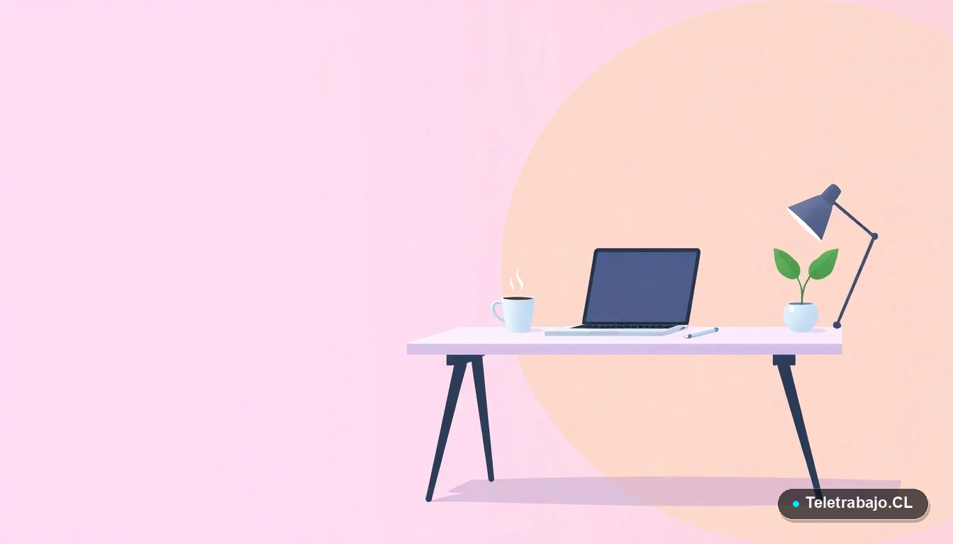 Escritorio moderno y ordenado para teletrabajo, con laptop, planta y taza de café, ilustrado en estilo vectorial plano sobre fondo degradado lila y durazno.