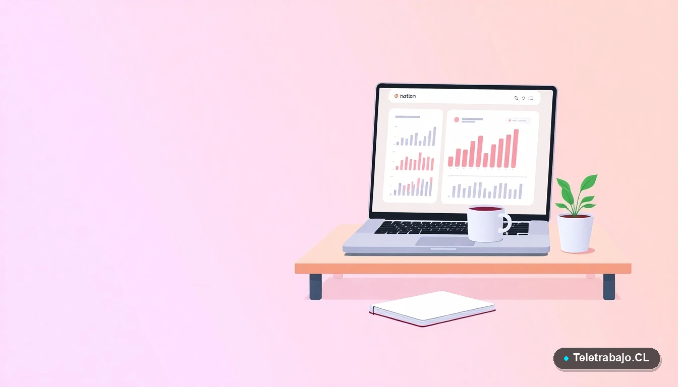 Escritorio moderno minimalista para teletrabajo con laptop, gráficos abstractos, taza de café y planta, fondo gradiente lavanda, concepto de productividad en casa.