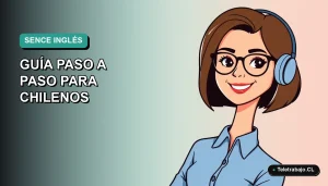 Ilustración vectorial plana de una mujer profesional chilena con blusa azul y lentes, sonriendo, sobre un fondo degradado suave. Representa la negociación salarial en inglés.