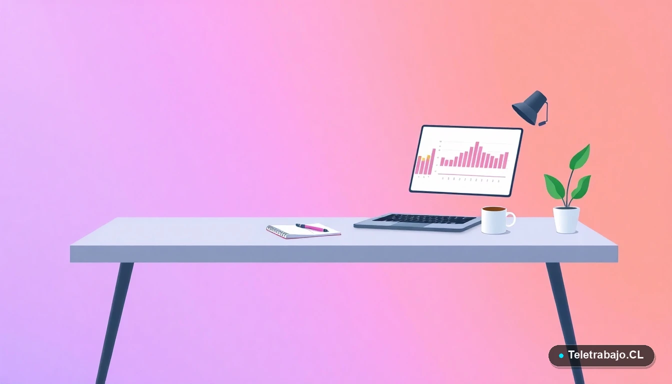 Escritorio moderno minimalista con laptop, gráficos abstractos, taza de café y una planta, sobre fondo degradado lavanda. Concepto de preparación profesional para negociaciones.