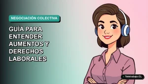 Ilustración plana corporativa de una trabajadora chilena de teletrabajo sonriendo, con fondo degradado azul verdoso, sobre el derecho laboral y la negociación colectiva en Chile 2026.