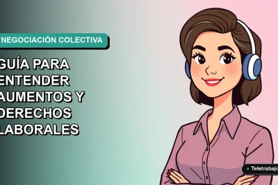 Ilustración plana corporativa de una trabajadora chilena de teletrabajo sonriendo, con fondo degradado azul verdoso, sobre el derecho laboral y la negociación colectiva en Chile 2026.