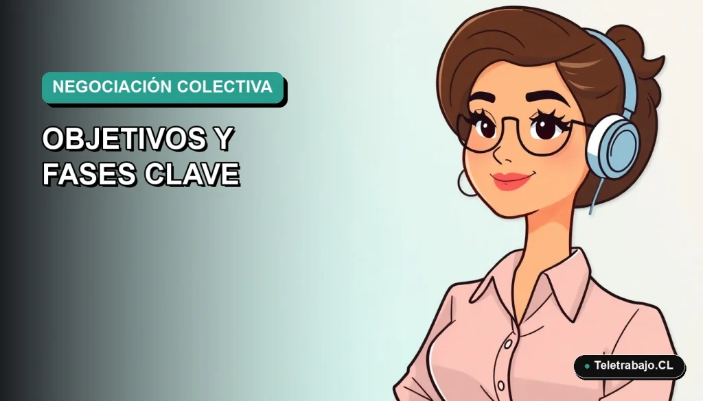 Ilustración plana corporativa de una mujer profesional del rubro tecnológico, con fondo degradado azul verdoso, para artículo sobre negociación colectiva 2026.