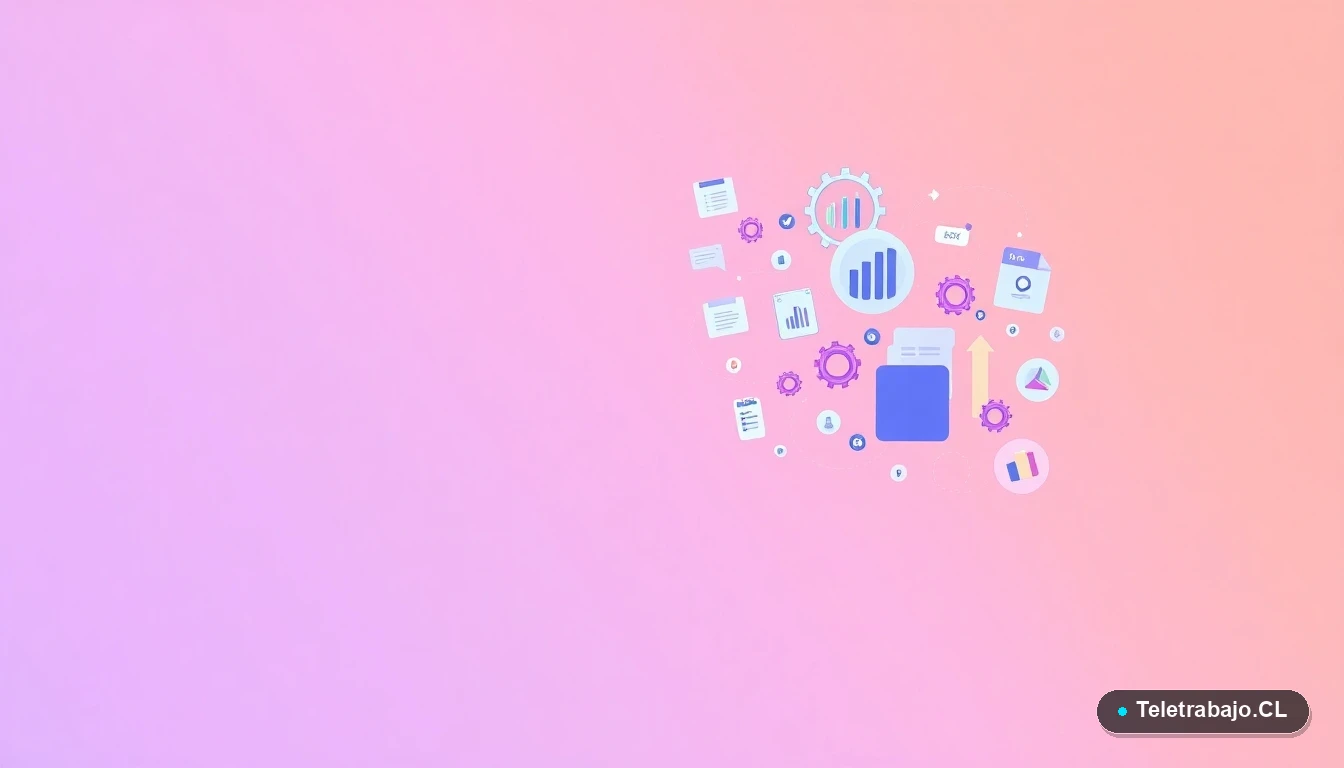 Elementos de interfaz de usuario abstractos como gráficos y engranajes flotantes, con fondo degradado lila, concepto de planificación y procesos de negociación.