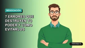 Ilustración vectorial plana de un trabajador masculino de tecnología con suéter verde, sobre fondo degradado azul verdoso, representando la negociación laboral en Chile.