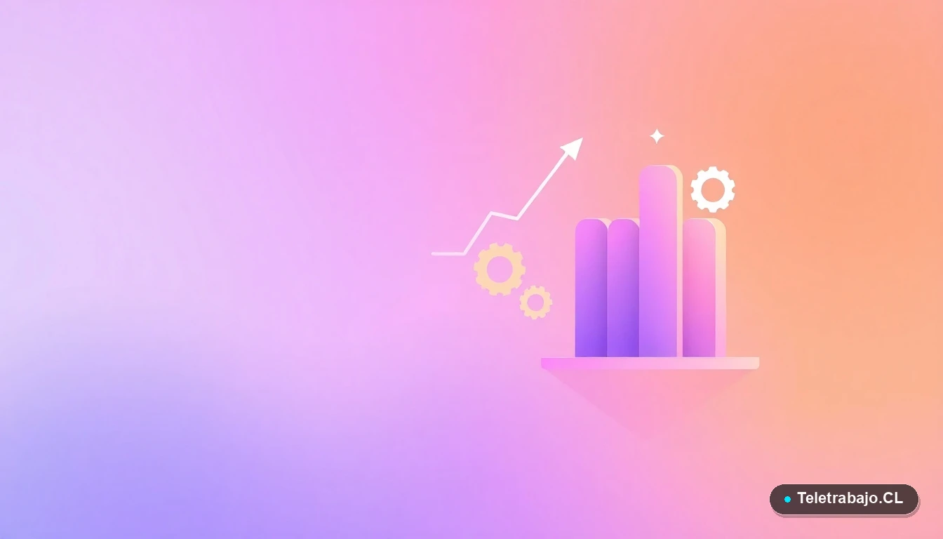 Elementos de interfaz de usuario abstractos y minimalistas, con gráficos, engranajes y carpetas flotantes en colores lavanda y durazno, sobre fondo degradado.