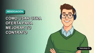 Ilustración vectorial plana de un trabajador masculino de tecnología en Chile, con suéter verde, sonriendo y mirando hacia la izquierda, sobre un fondo degradado de color aguamarina. Concepto de negociación laboral.