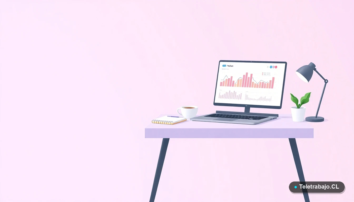 Escritorio moderno minimalista con laptop, gráficos abstractos, taza de café y una planta, sobre fondo degradado lila. Representa la preparación y herramientas para una negociación laboral en Chile.