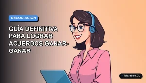 Ilustración plana corporativa de una mujer profesional chilena sonriendo, con fondo degradado azul y naranja, representando negociación laboral moderna.