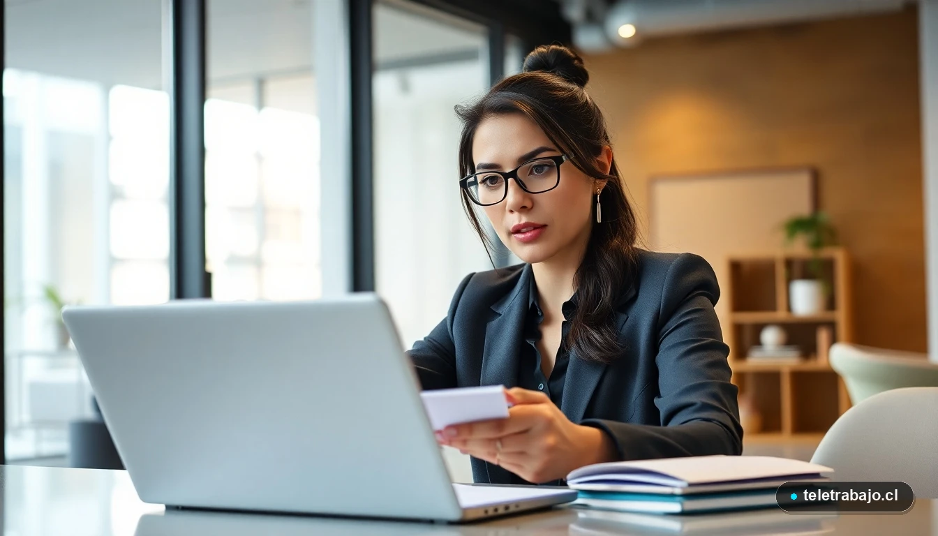 Mujer profesional chilena negociando su contrato laboral con confianza en una oficina moderna