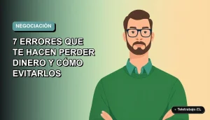 Ilustración vectorial plana de un trabajador remoto masculino con suéter verde, sobre fondo degradado azul verdoso, representando la negociación salarial en Chile.