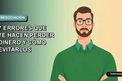 Ilustración vectorial plana de un trabajador remoto masculino con suéter verde, sobre fondo degradado azul verdoso, representando la negociación salarial en Chile.