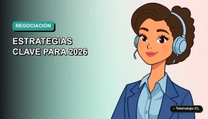 Ilustración vectorial plana de una mujer profesional de teletrabajo con blusa azul, sobre un fondo degradado suave, representando la negociación laboral.