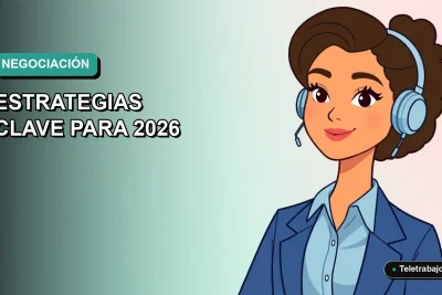 Ilustración vectorial plana de una mujer profesional de teletrabajo con blusa azul, sobre un fondo degradado suave, representando la negociación laboral.