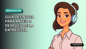 Ilustración plana de trabajadora chilena sonriente, estilo Corporate Memphis, con fondo degradado azul verdoso, sobre negociación salarial.