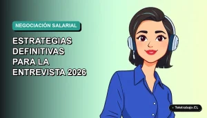 Ilustración vectorial plana de mujer profesional chilena con blusa azul y corte de pelo moderno, sobre fondo degradado verde azulado, representando la negociación salarial en entrevistas de trabajo.