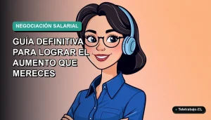 Ilustración plana corporativa de una mujer profesional chilena sonriente, con blusa azul y corte de pelo moderno, sobre fondo degradado verde azulado. Concepto de negociación salarial y crecimiento profesional.