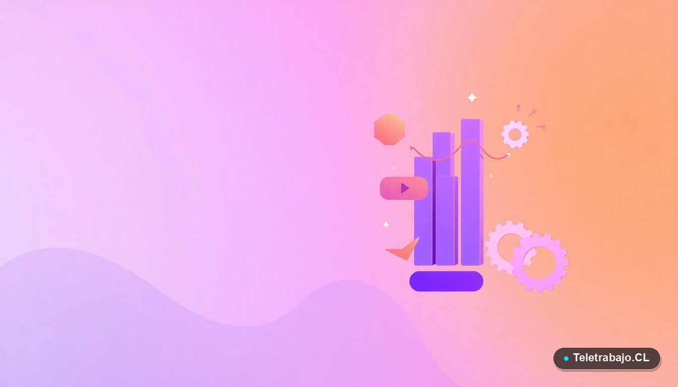 Composición abstracta de interfaz de usuario tecnológica con gráficos ascendentes, engranajes y carpetas en colores lavanda y durazno, sobre fondo degradado. Representa análisis de datos, productividad y estrategia para negociaciones.