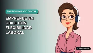 Ilustración plana corporativa de una mujer chilena trabajando remotamente, con fondo degradado azul verdoso, representando emprendimiento digital flexible.