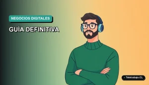 Guía definitiva de negocios digitales rentables para 2026, ilustración plana corporativa estilo Memphis de un trabajador remoto masculino.