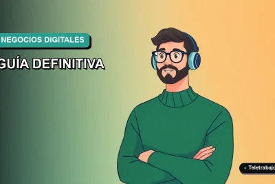Guía definitiva de negocios digitales rentables para 2026, ilustración plana corporativa estilo Memphis de un trabajador remoto masculino.