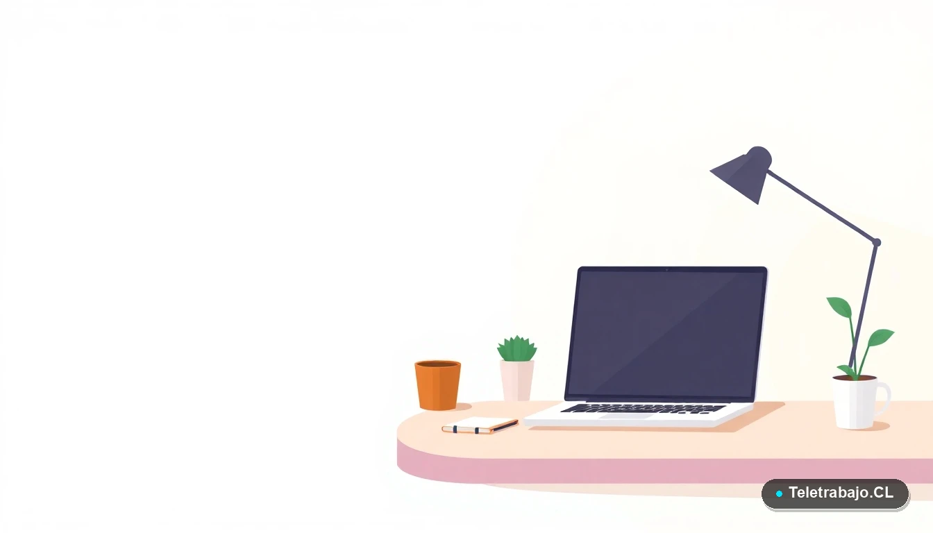 Escritorio moderno y minimalista para trabajo remoto, con laptop, café y planta, ilustración plana estilo Memphis sobre fondo degradado.